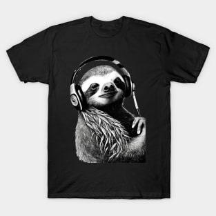 Sloth Drawing in Black and White Listening to Music T-Shirt